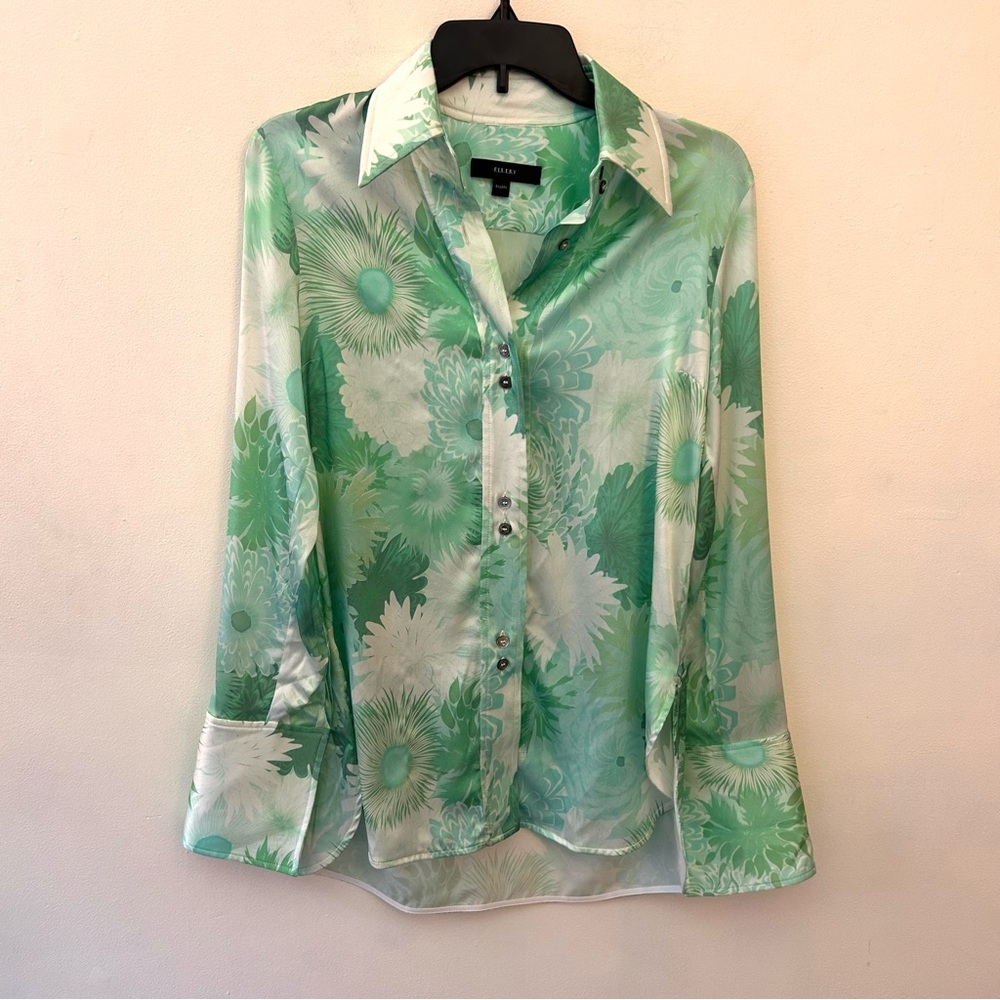Ellery silk blend green floral print retro look button front blouse size 4